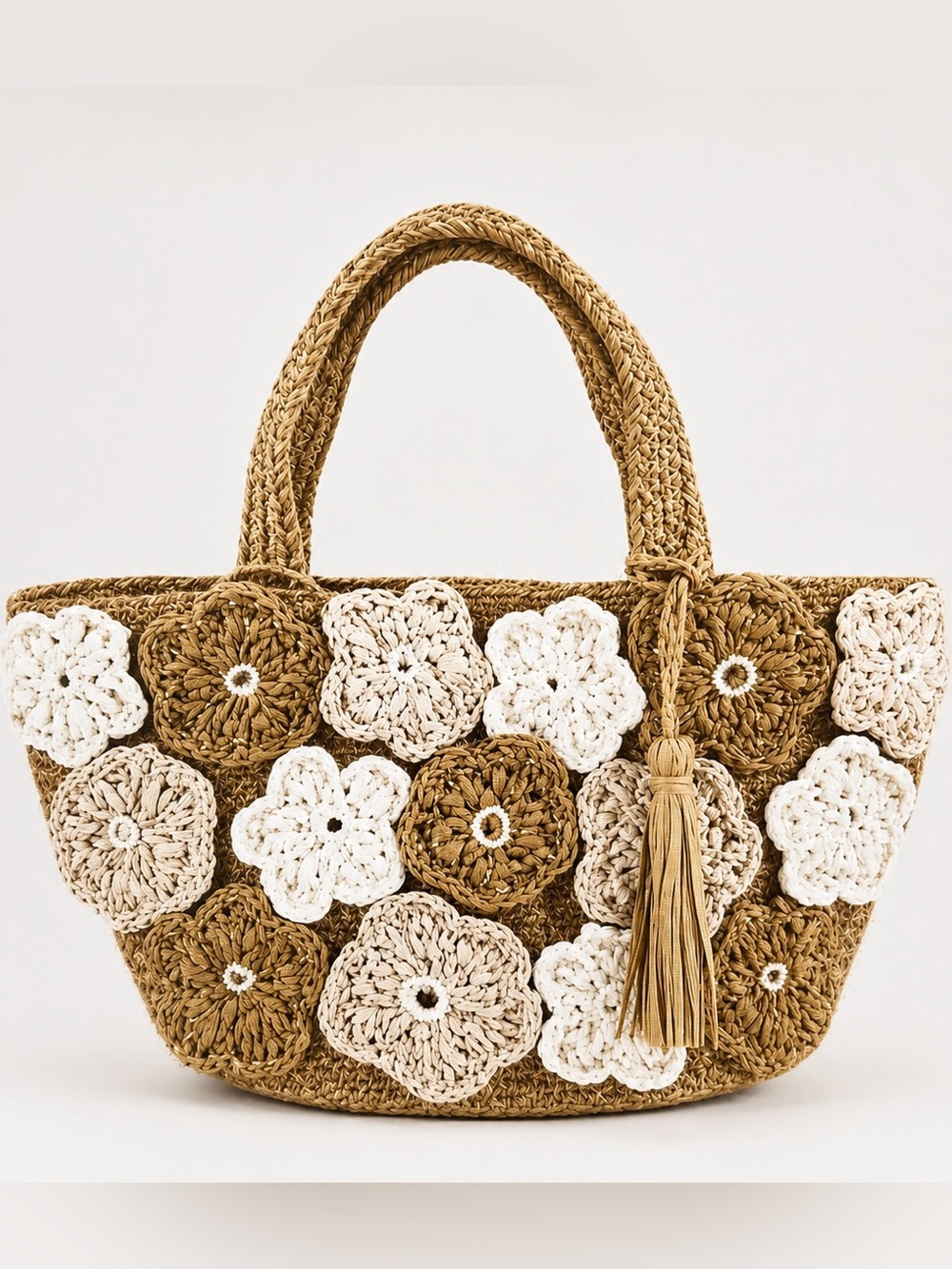 Jute Straw Crochet Flower Appliqué Tote Bag-Small